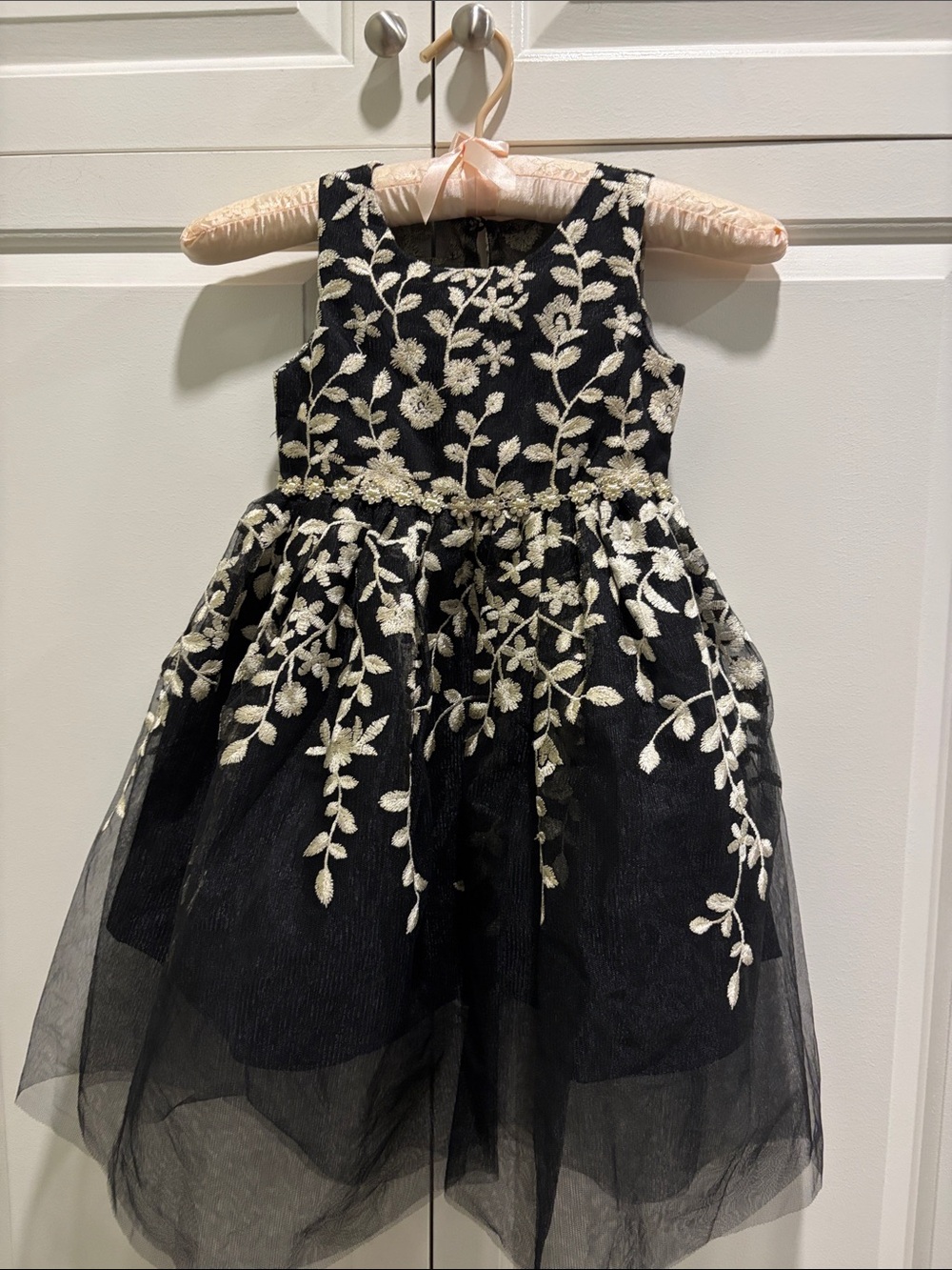 Girls Black Floral Embroidered Party Dress